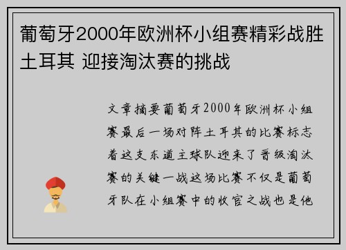 葡萄牙2000年欧洲杯小组赛精彩战胜土耳其 迎接淘汰赛的挑战